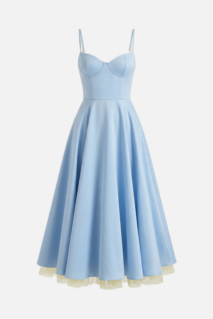 Sweetheart Bustier Midi Dress with Full Circle Skirt and Tulle Hem