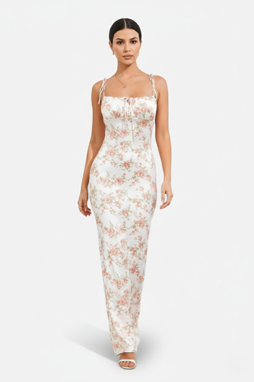 Floral Spaghetti Strap Bodycon Mermaid Maxi Dress Ruched Bodice