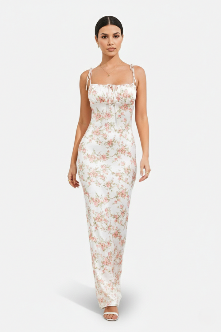 Floral Spaghetti Strap Bodycon Mermaid Maxi Dress Ruched Bodice