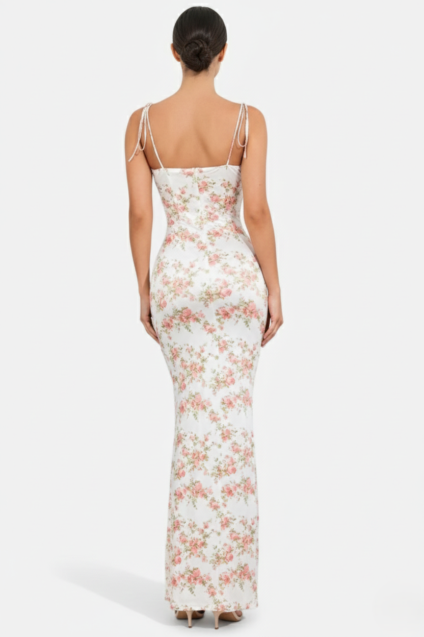 Floral Spaghetti Strap Bodycon Mermaid Maxi Dress Ruched Bodice