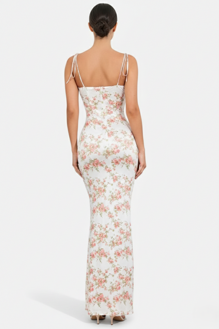 Floral Spaghetti Strap Bodycon Mermaid Maxi Dress Ruched Bodice