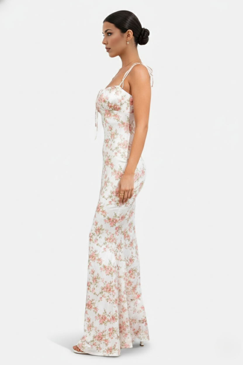 Floral Spaghetti Strap Bodycon Mermaid Maxi Dress Ruched Bodice