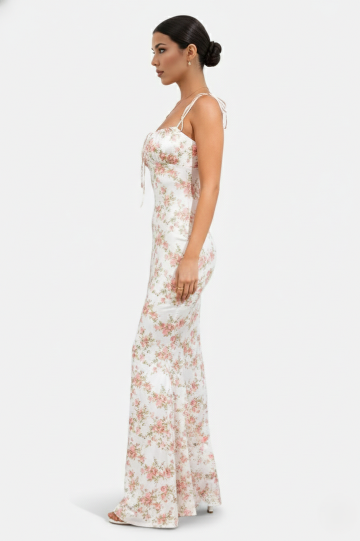 Floral Spaghetti Strap Bodycon Mermaid Maxi Dress Ruched Bodice
