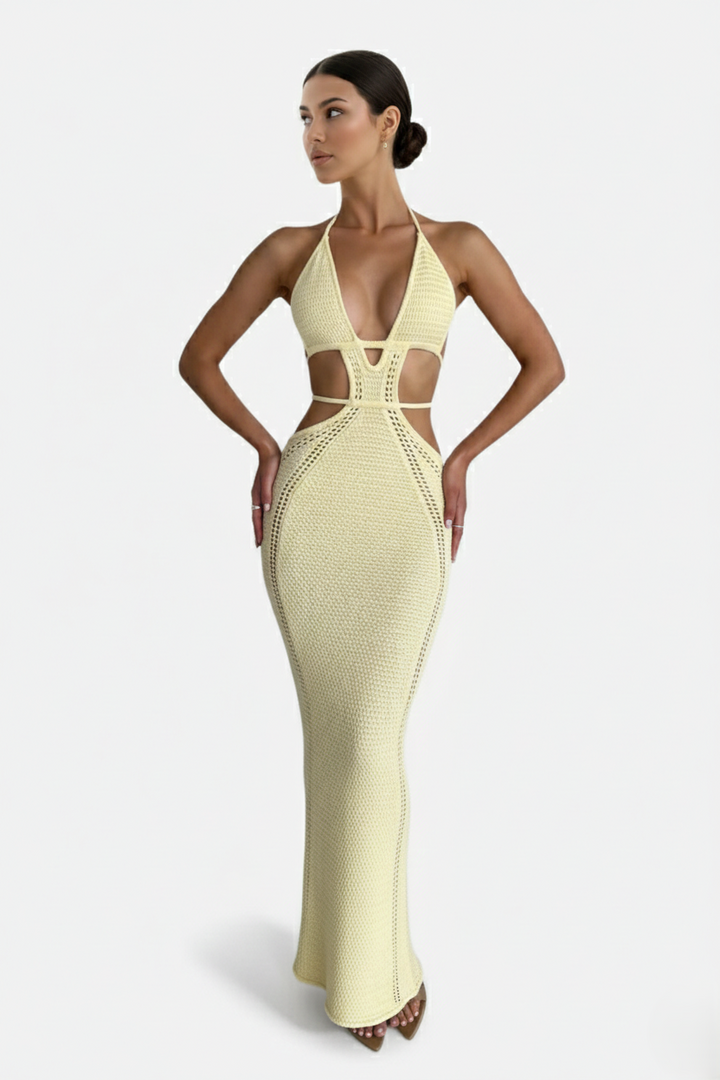 Crochet Cutout Halter Neck Backless Bodycon Maxi Dress 