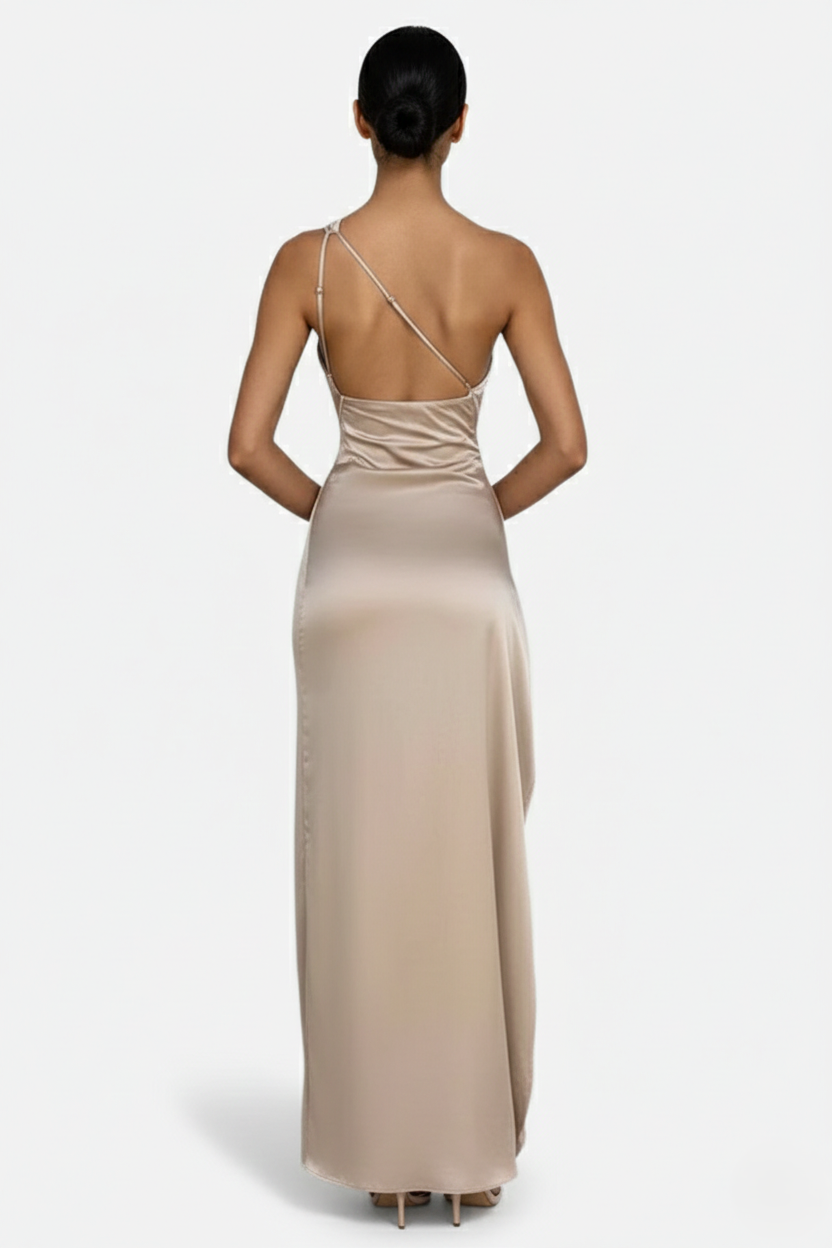 Satin One-Shoulder Maxi Dress High Side Slit
