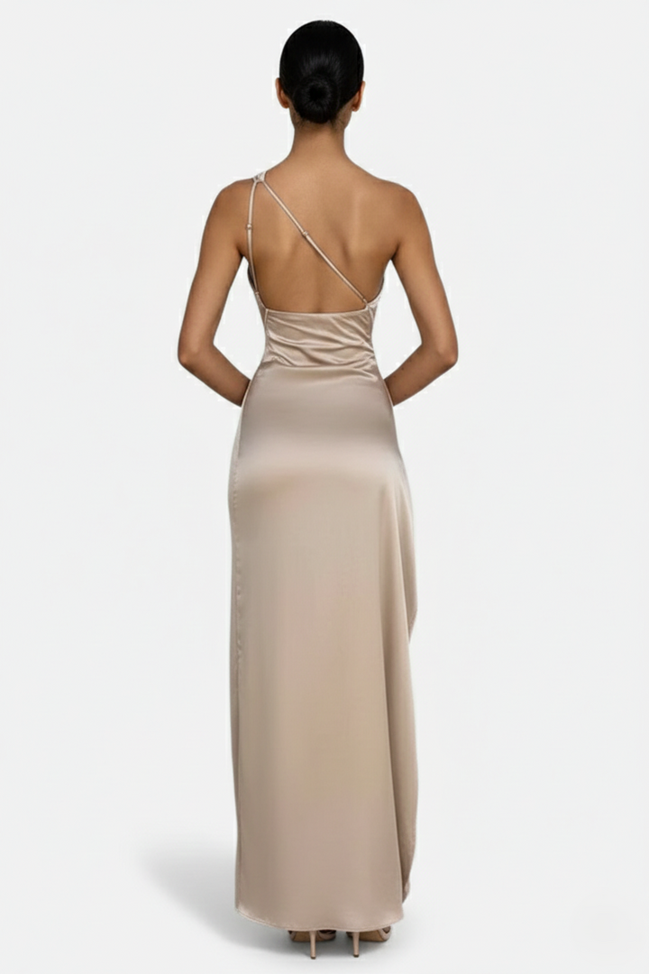 Satin One-Shoulder Maxi Dress High Side Slit