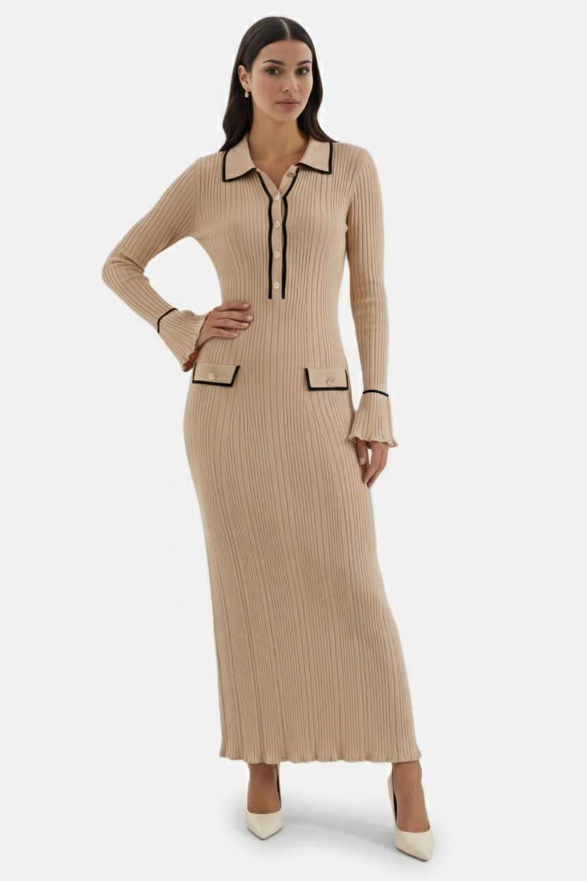 Knitted Polo Maxi Dress with Contrast Trim and Long Sleeves
