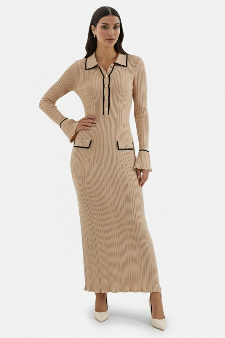 Knitted Polo Maxi Dress with Contrast Trim and Long Sleeves