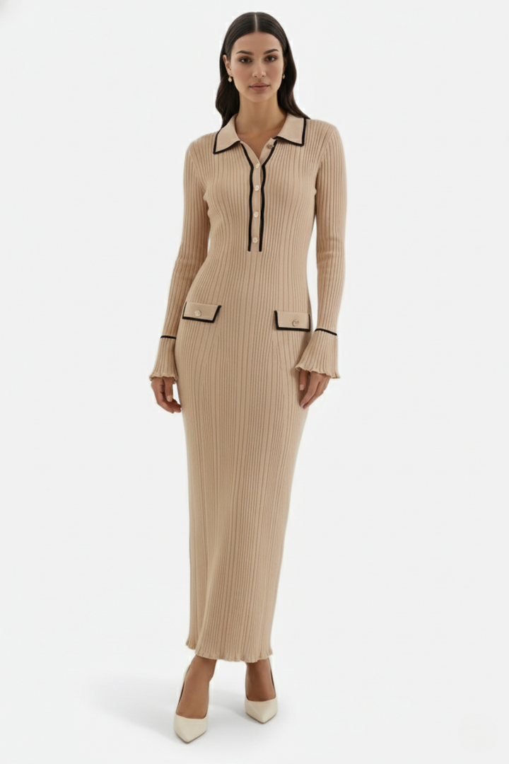 Knitted Polo Maxi Dress with Contrast Trim and Long Sleeves