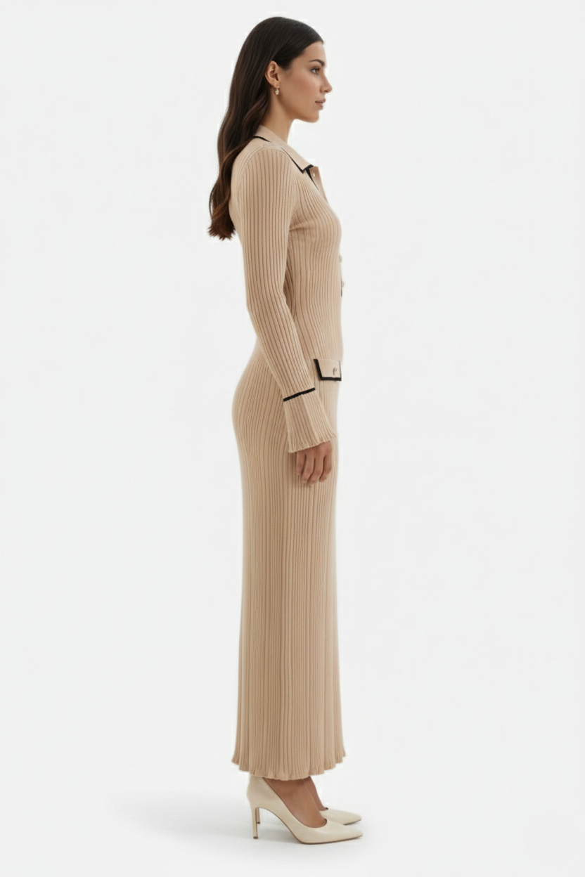 Knitted Polo Maxi Dress with Contrast Trim and Long Sleeves