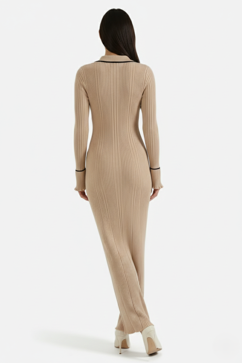 Knitted Polo Maxi Dress with Contrast Trim and Long Sleeves