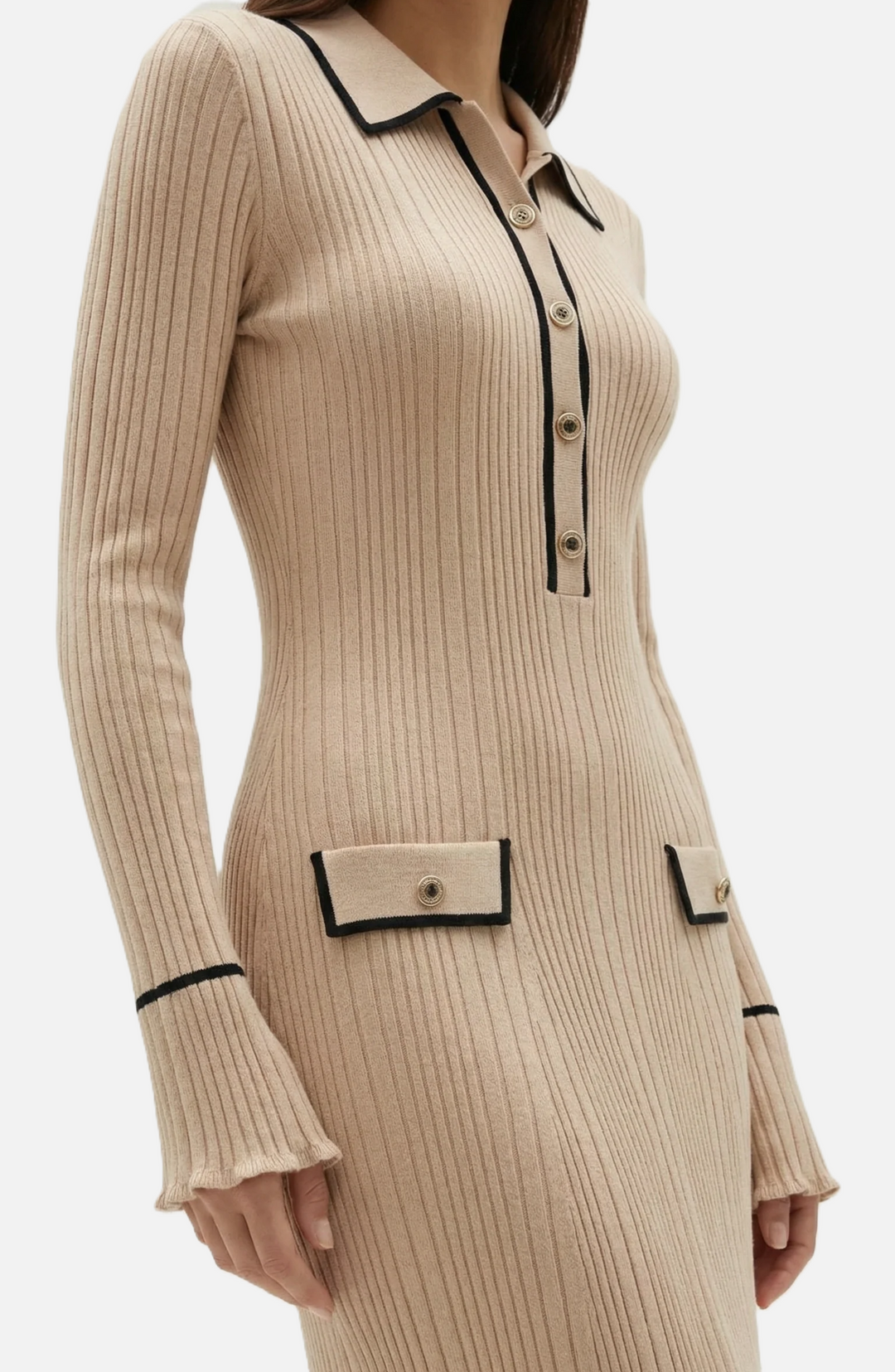 Knitted Polo Maxi Dress with Contrast Trim and Long Sleeves