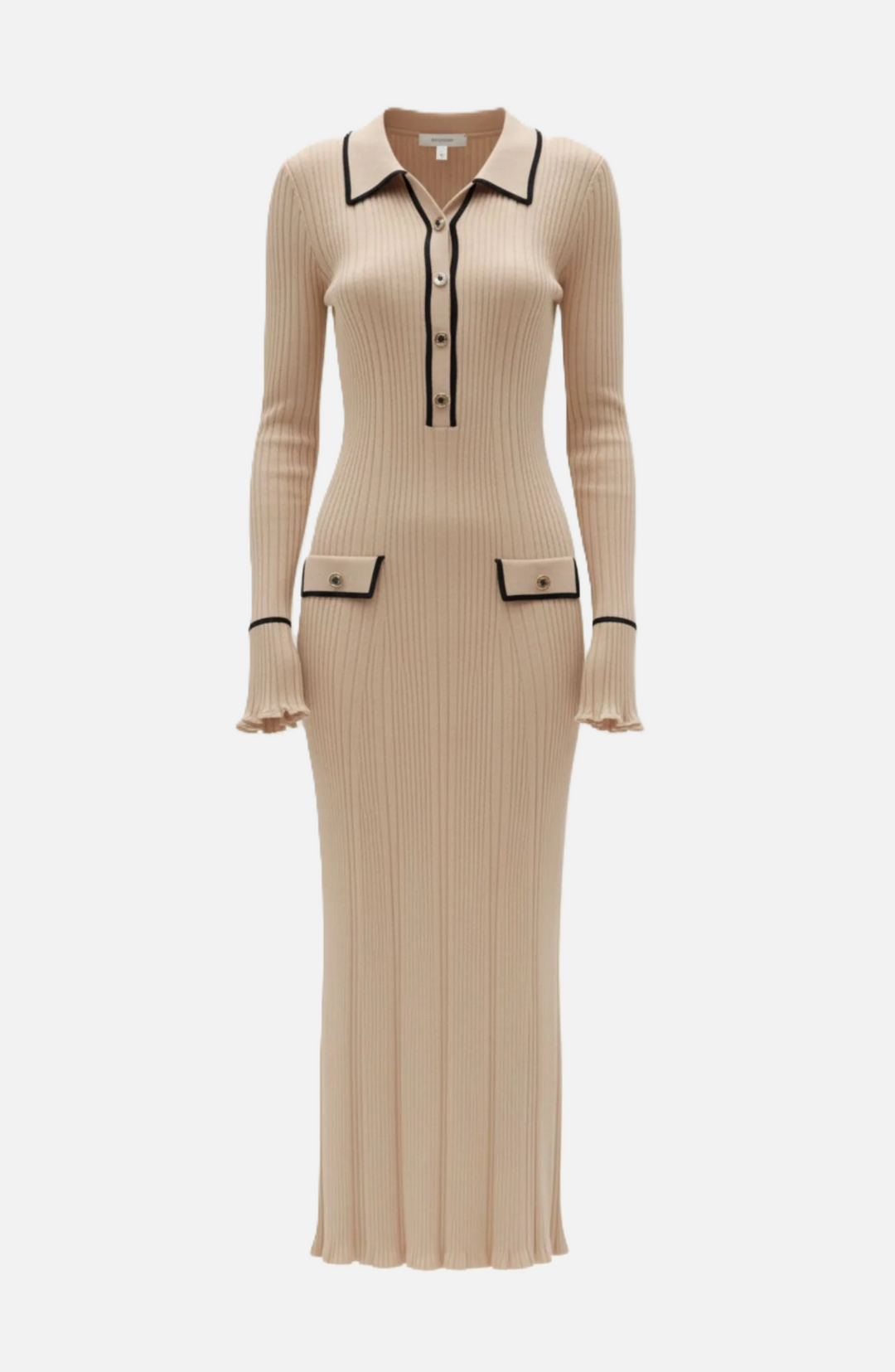 Knitted Polo Maxi Dress with Contrast Trim and Long Sleeves