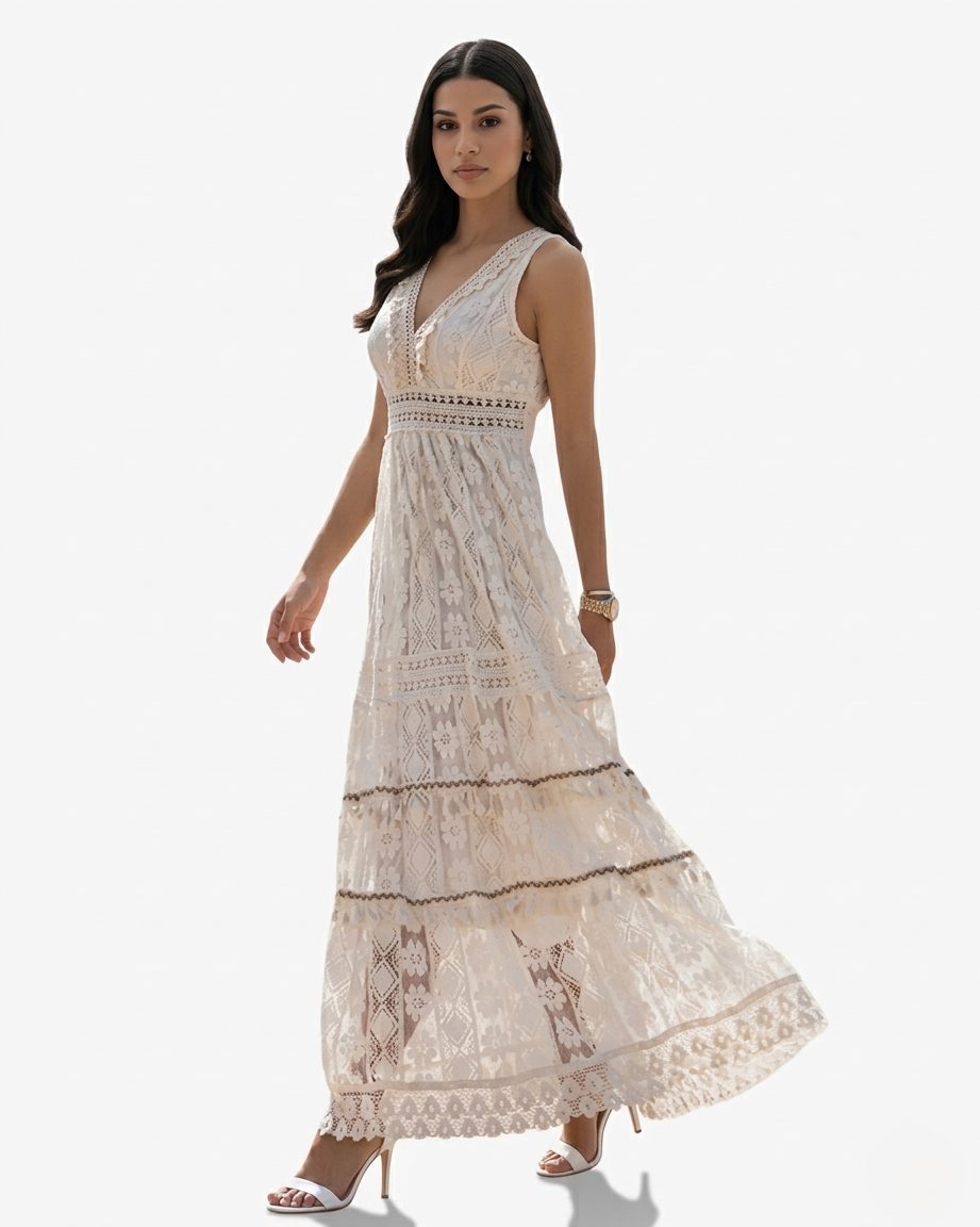 Boho Lace Crochet Maxi Dress Sleeveless V Neck Tassel Tie Tiered Hem