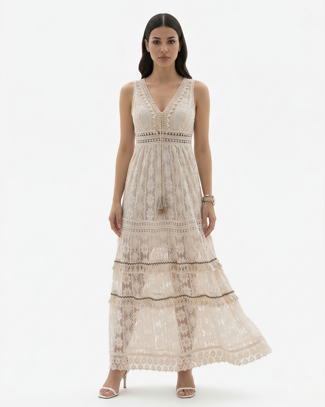 Boho Lace Crochet Maxi Dress Sleeveless V Neck Tassel Tie Tiered Hem