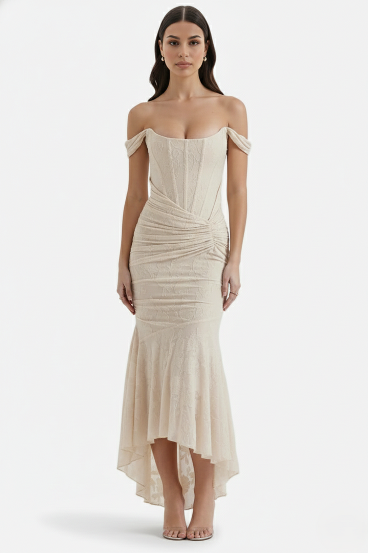 Corset Mermaid Maxi Dress Ruched Draped Wide Straps