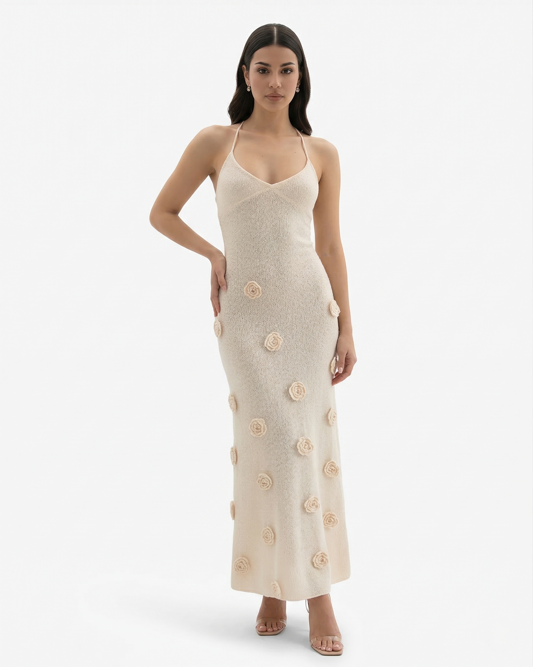 Floral Applique Maxi Dress V Neck Spaghetti Strap Backless