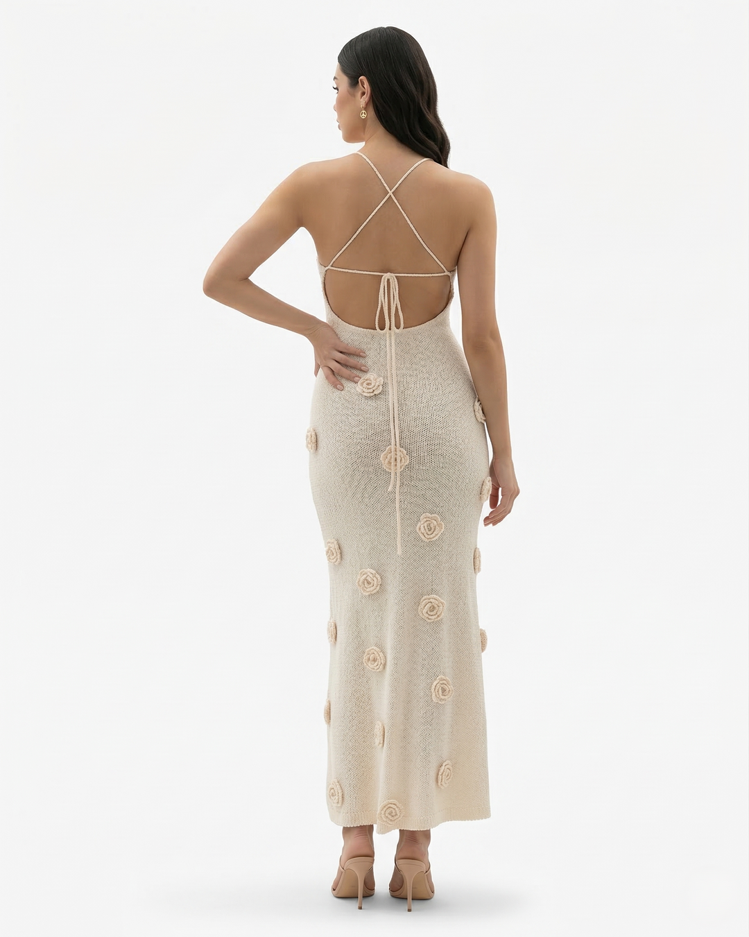 Floral Applique Maxi Dress V Neck Spaghetti Strap Backless