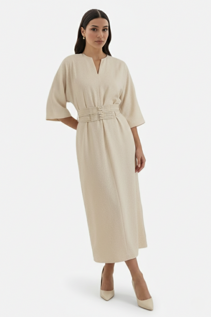 Kaftan Dress with Split Neckline and Pleated Cinch Waist