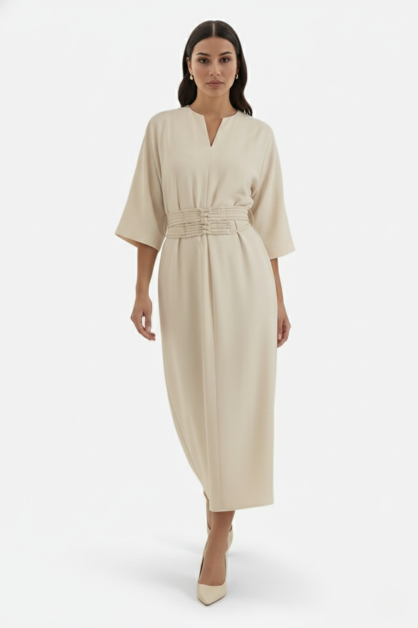 Kaftan Dress with Split Neckline and Pleated Cinch Waist