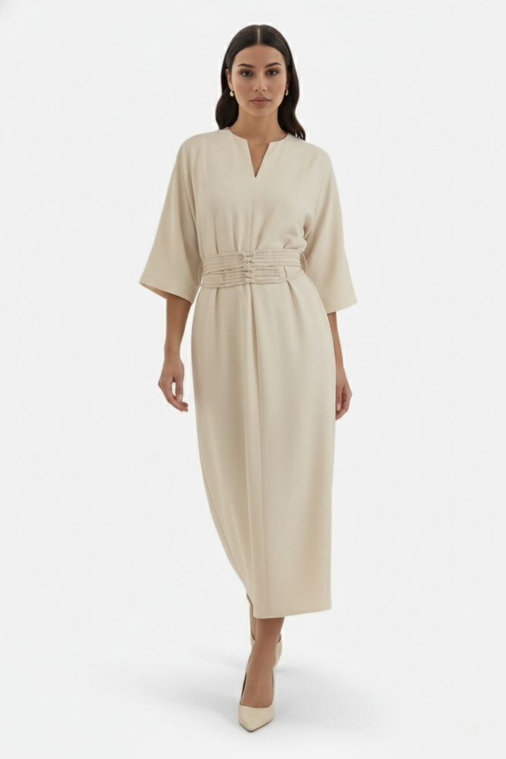 Kaftan Dress with Split Neckline and Pleated Cinch Waist