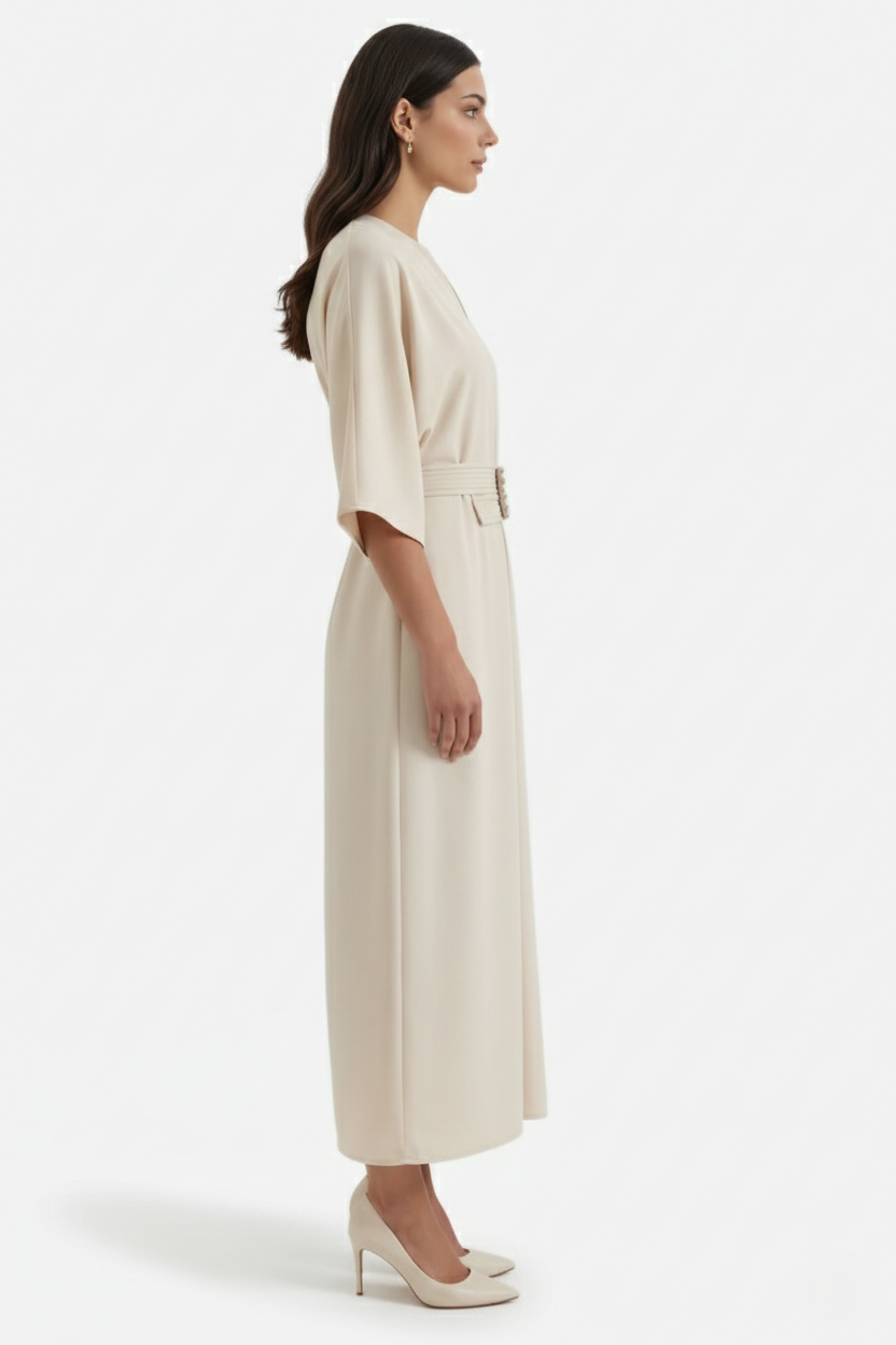 Kaftan Dress with Split Neckline and Pleated Cinch Waist