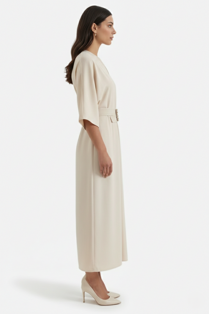 Kaftan Dress with Split Neckline and Pleated Cinch Waist