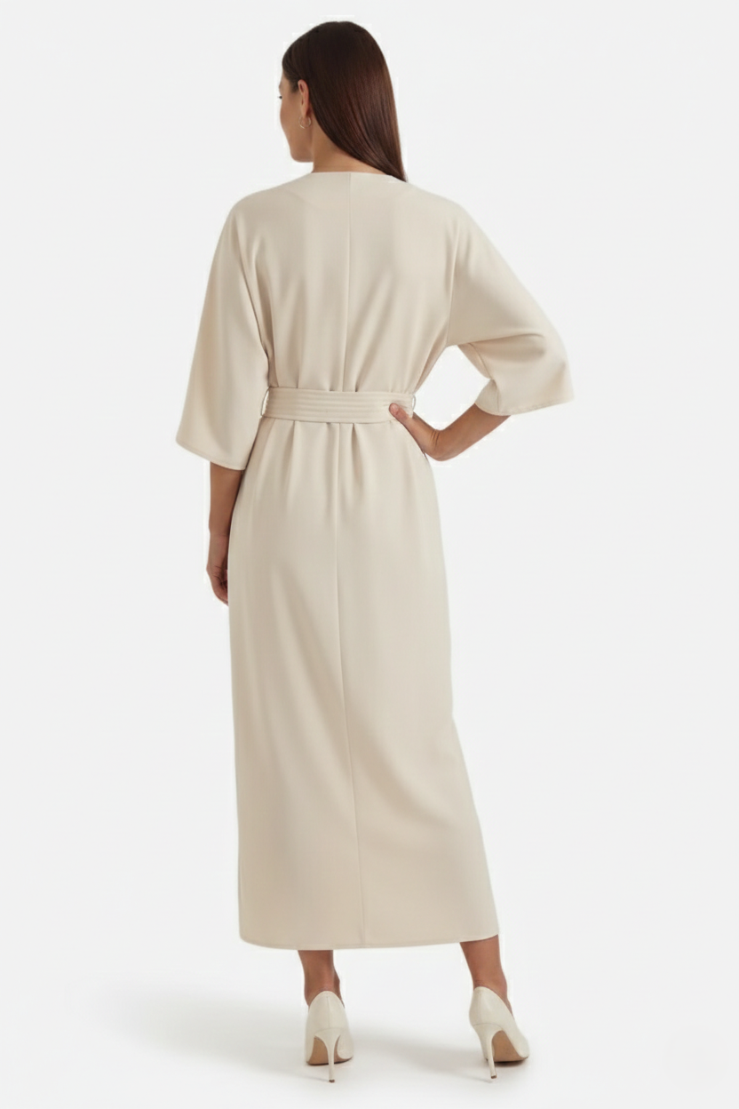 Kaftan Dress with Split Neckline and Pleated Cinch Waist