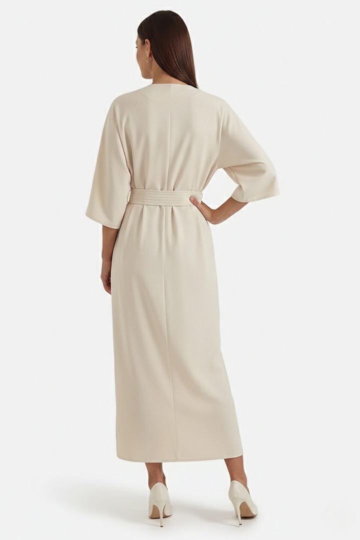 Kaftan Dress with Split Neckline and Pleated Cinch Waist
