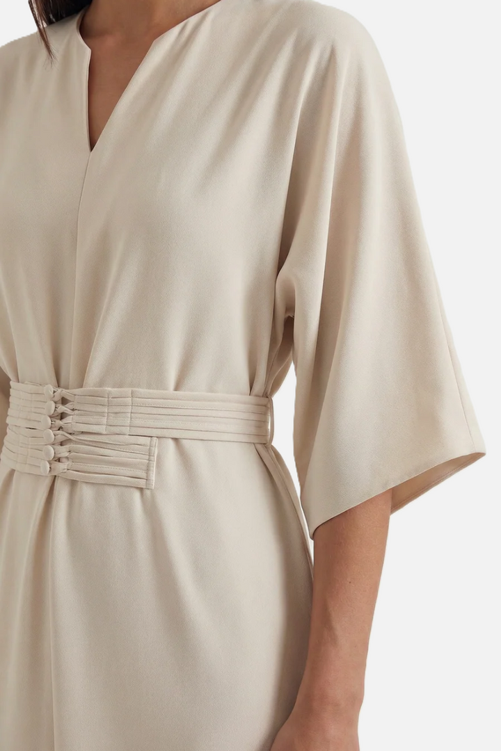 Kaftan Dress with Split Neckline and Pleated Cinch Waist