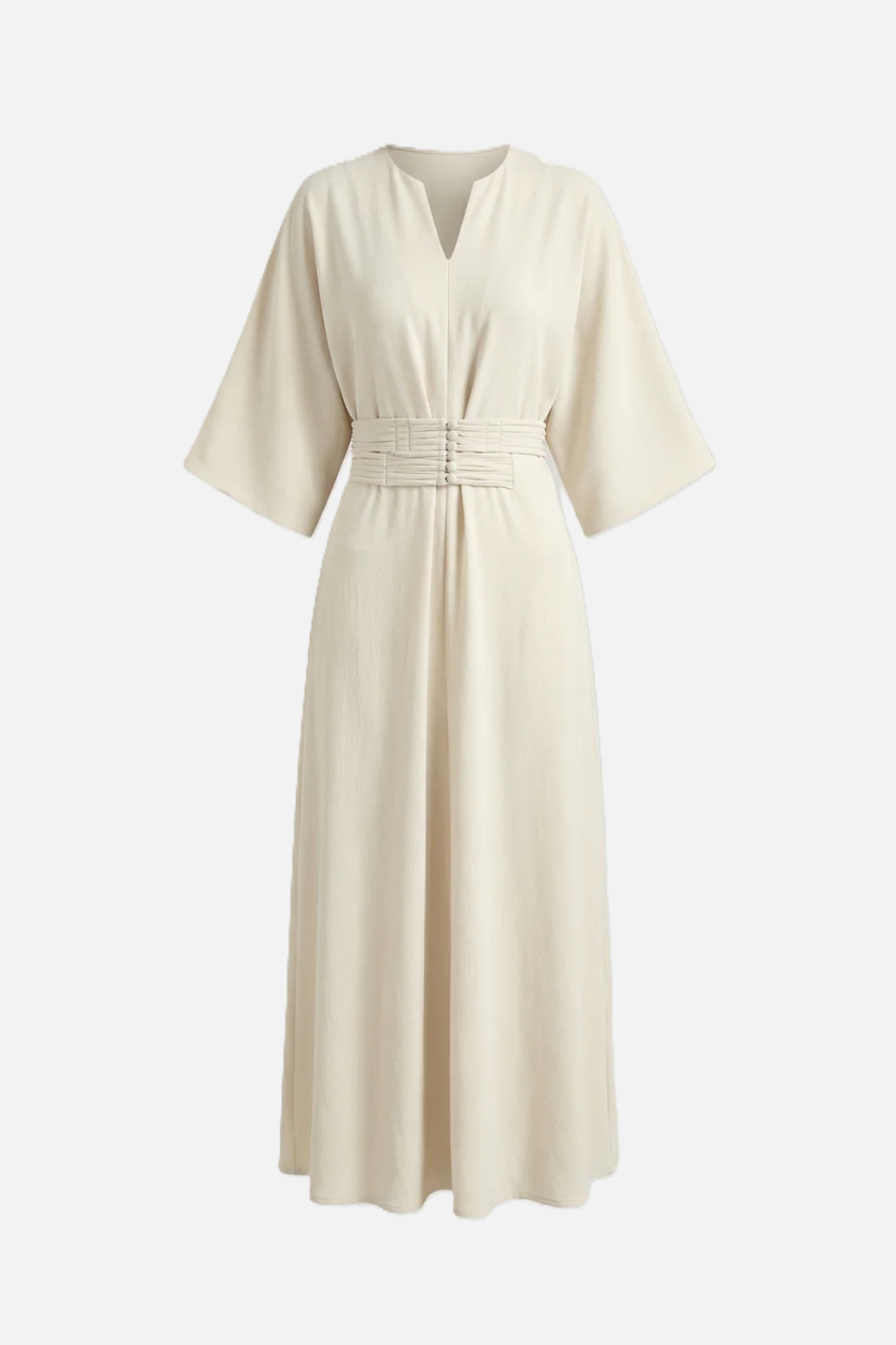 Kaftan Dress with Split Neckline and Pleated Cinch Waist