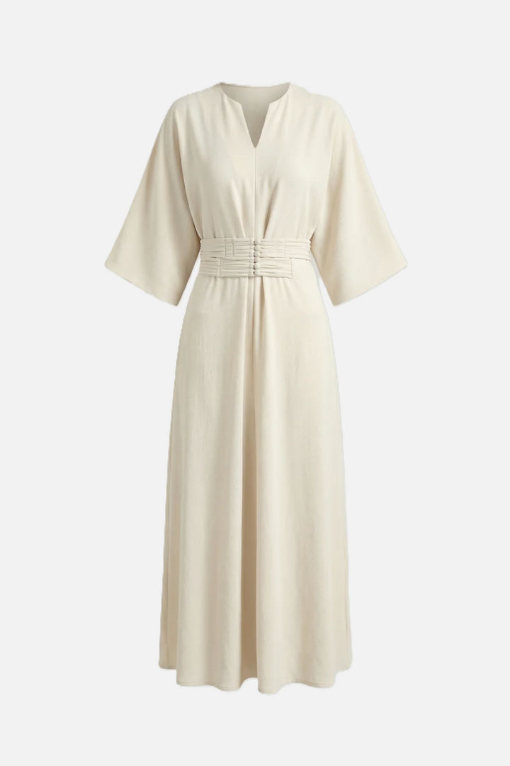 Kaftan Dress with Split Neckline and Pleated Cinch Waist