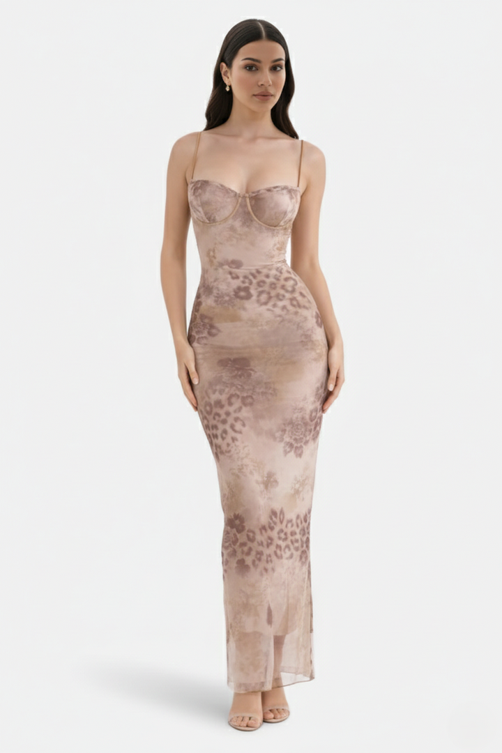 Lace Trim Fitted Maxi Dress with Spaghetti Straps