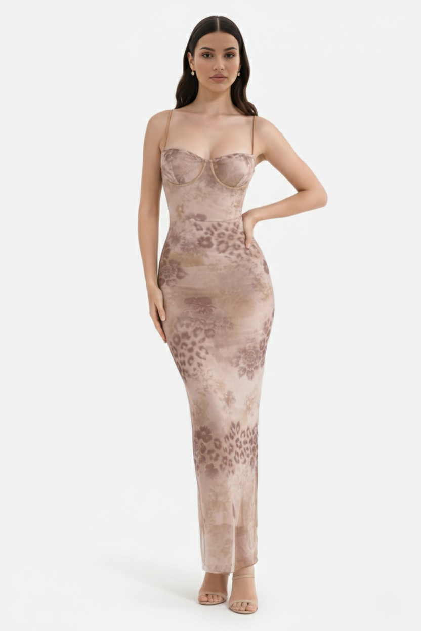 Lace Trim Fitted Maxi Dress with Spaghetti Straps