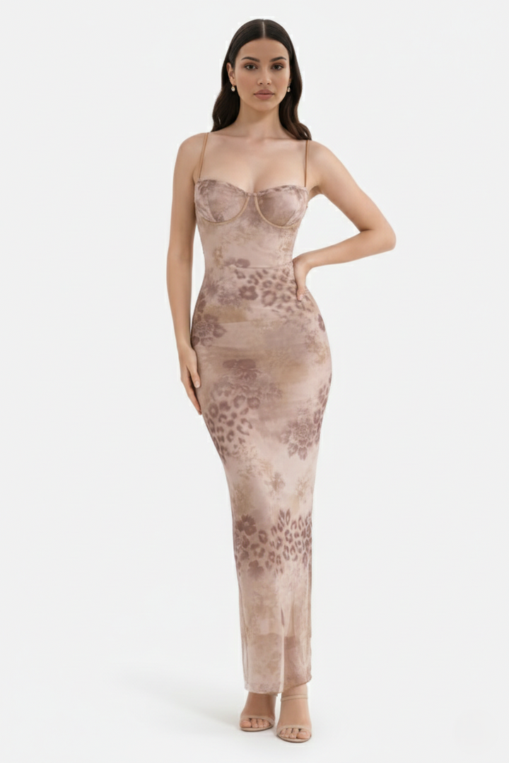 Lace Trim Fitted Maxi Dress with Spaghetti Straps