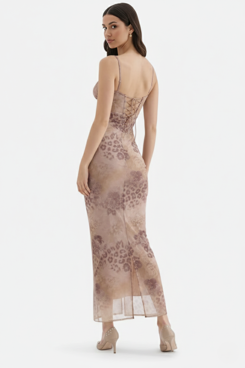 Lace Trim Fitted Maxi Dress with Spaghetti Straps