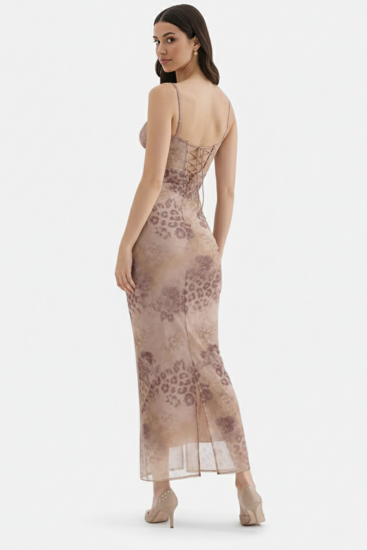 Lace Trim Fitted Maxi Dress with Spaghetti Straps