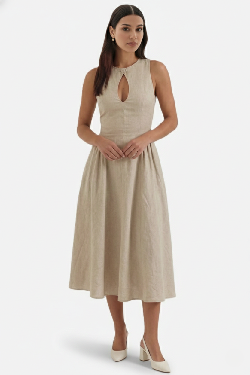 Summer Linen Midi Dress with Keyhole Neckline Fit and Flare