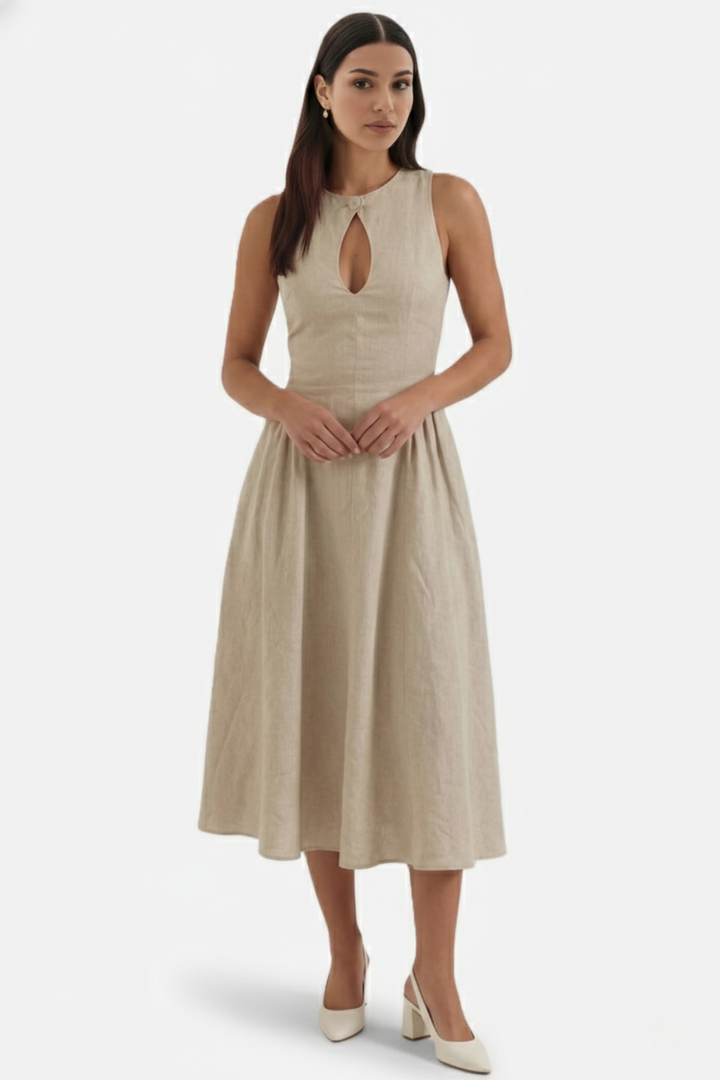 Summer Linen Midi Dress with Keyhole Neckline Fit and Flare