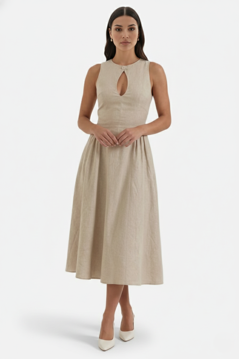 Summer Linen Midi Dress with Keyhole Neckline Fit and Flare