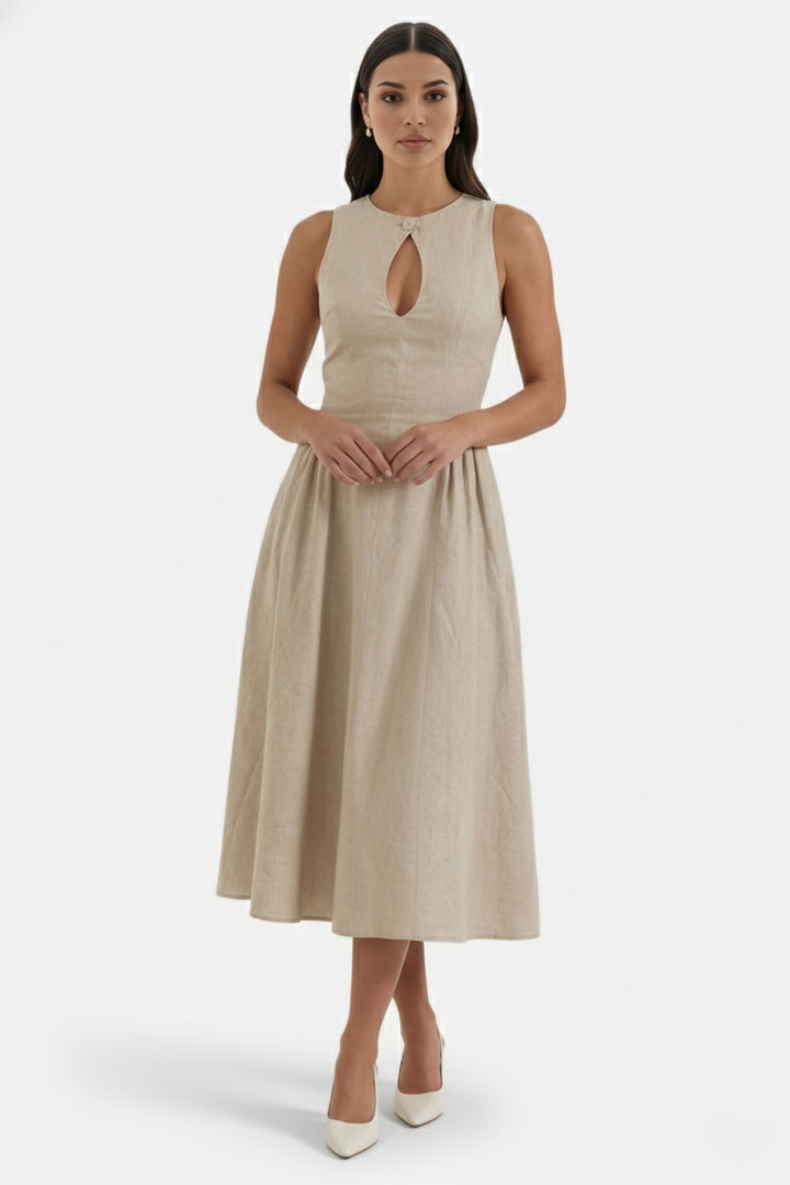 Summer Linen Midi Dress with Keyhole Neckline Fit and Flare