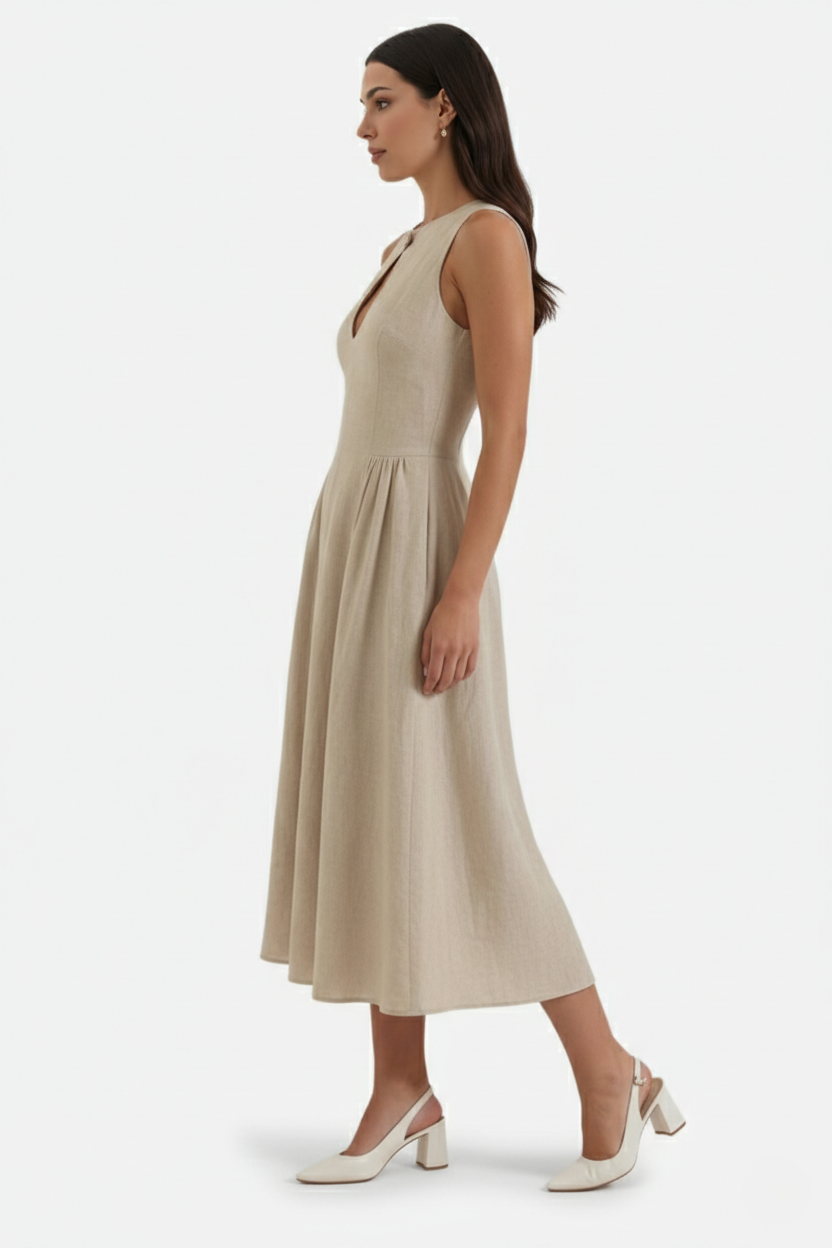 Summer Linen Midi Dress with Keyhole Neckline Fit and Flare