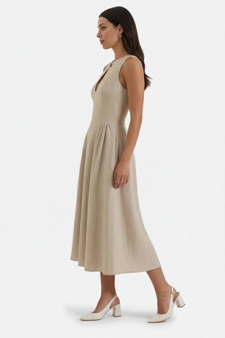 Summer Linen Midi Dress with Keyhole Neckline Fit and Flare