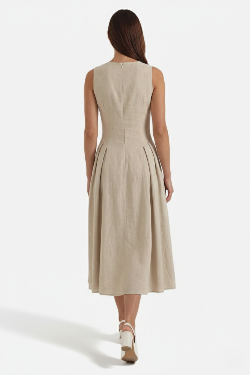 Summer Linen Midi Dress with Keyhole Neckline Fit and Flare
