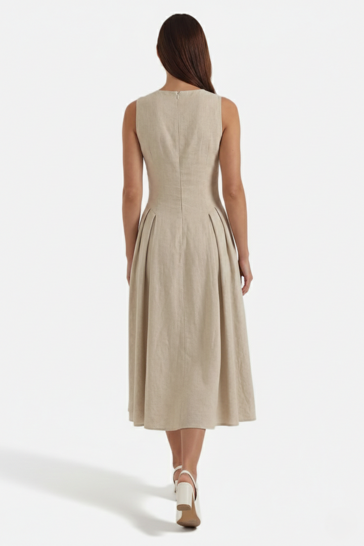 Summer Linen Midi Dress with Keyhole Neckline Fit and Flare