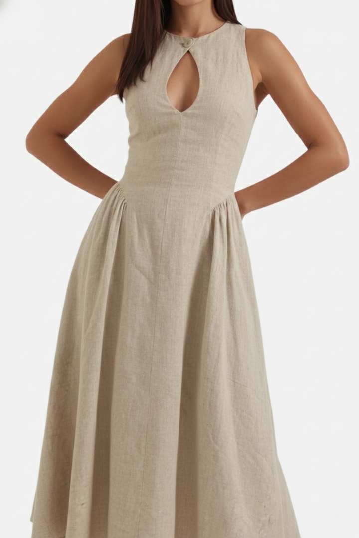 Summer Linen Midi Dress with Keyhole Neckline Fit and Flare
