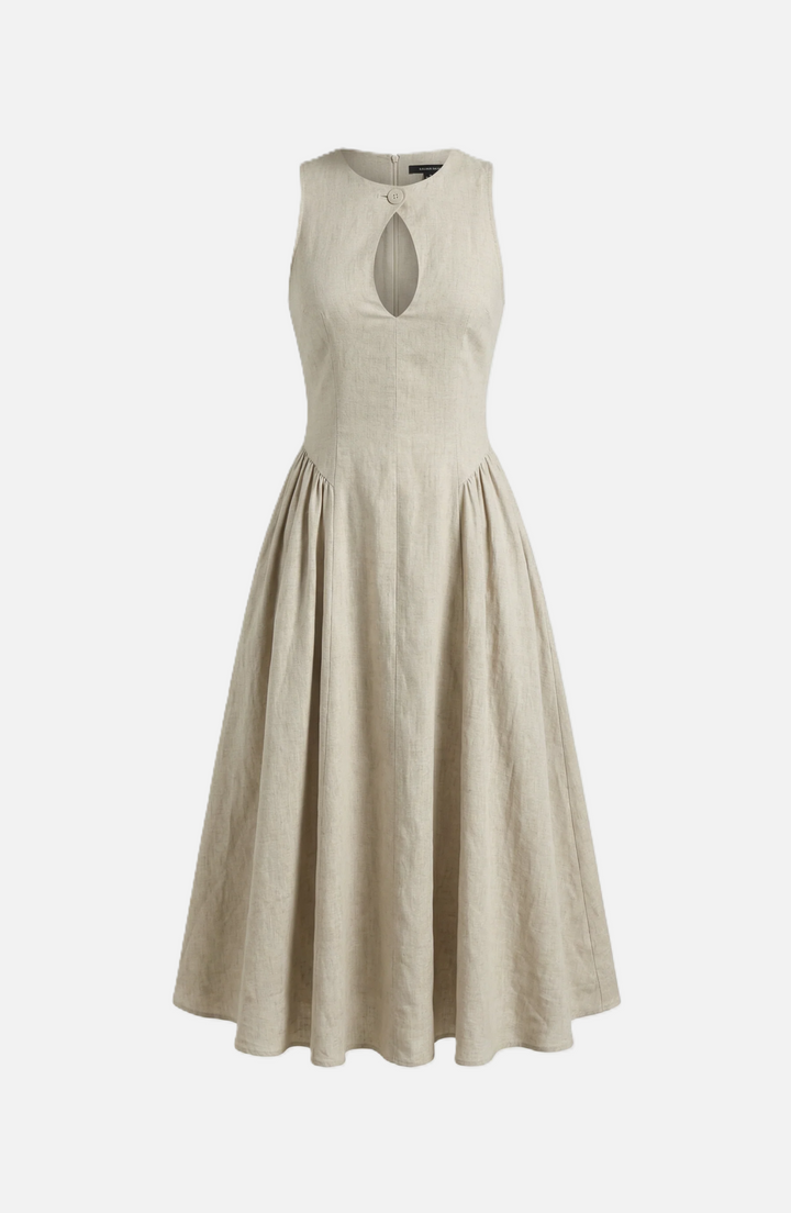 Summer Linen Midi Dress with Keyhole Neckline Fit and Flare