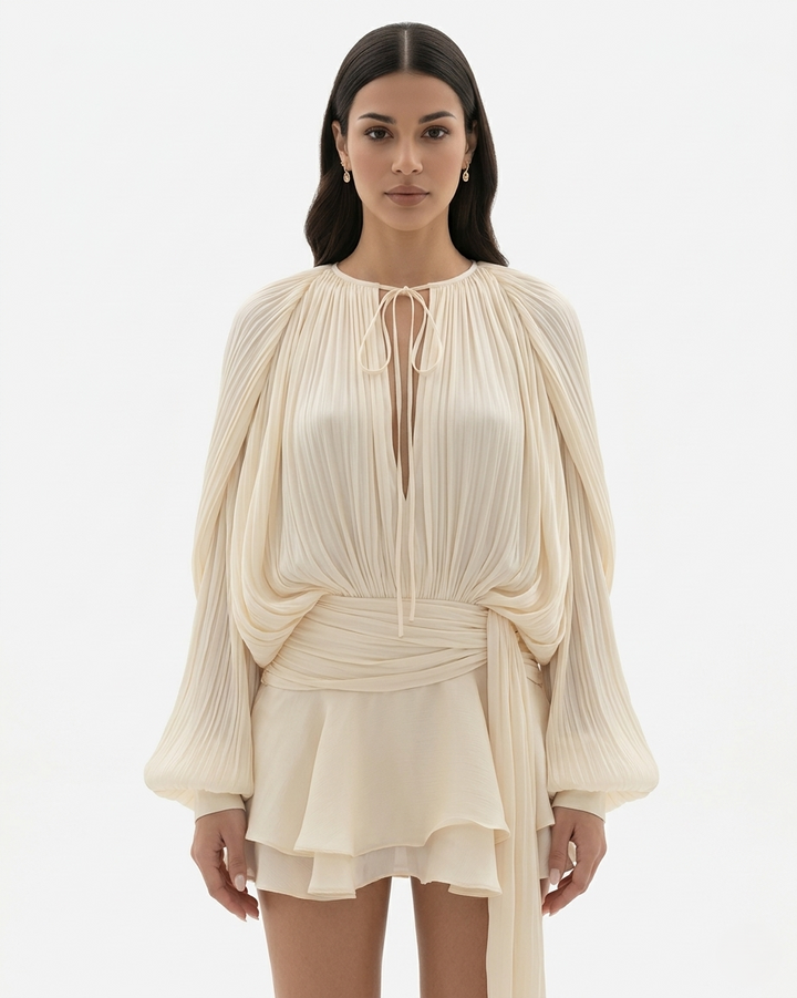 Mini Dress Tie Neck Long Sleeve Pleated Ruffle Hem