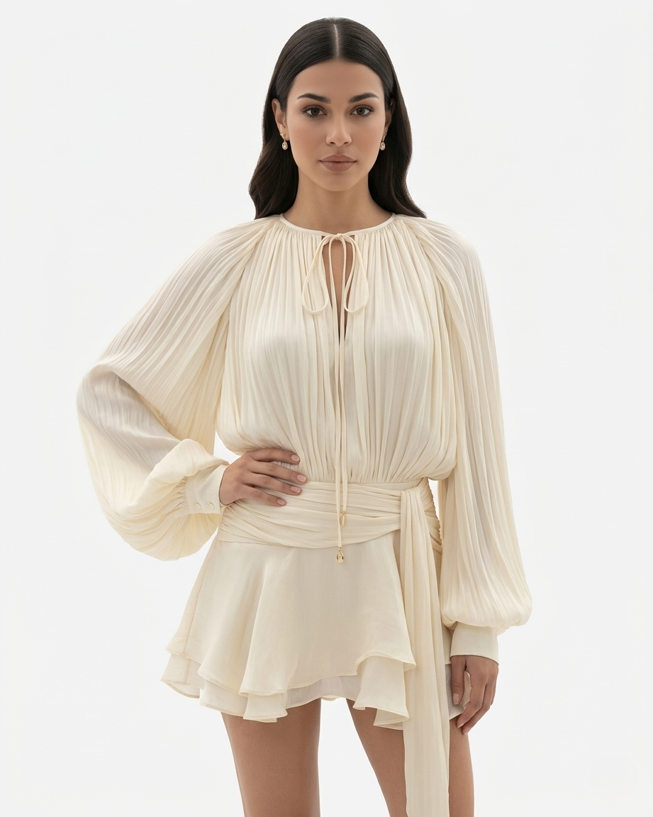 Mini Dress Tie Neck Long Sleeve Pleated Ruffle Hem