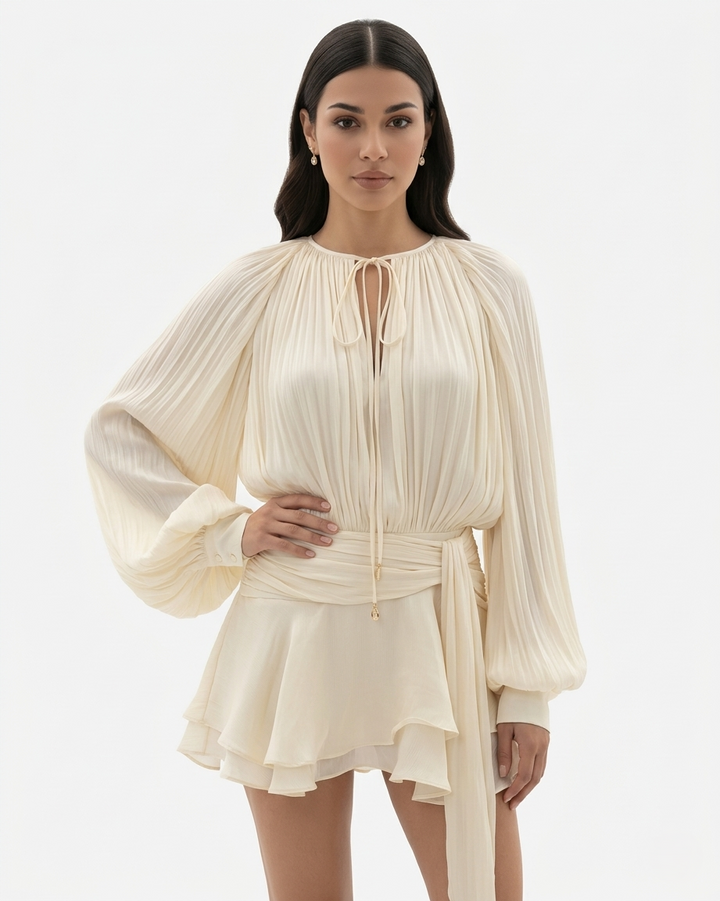 Mini Dress Tie Neck Long Sleeve Pleated Ruffle Hem